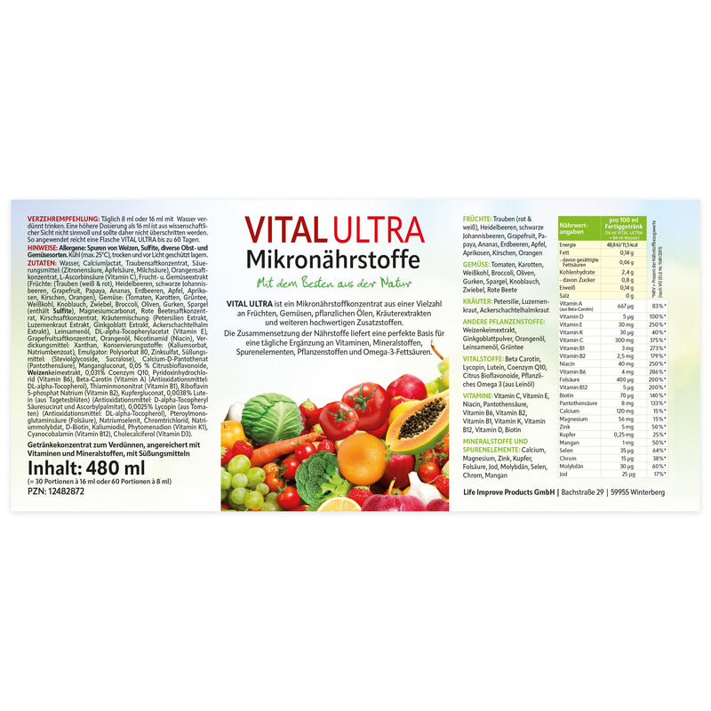 Vital Ultra, 480 ml, micronutrient concentrate with vitamins, minerals, trace elements, plant substances and omega-3 fatty acids, liquid, from over 70 foods, 60 portions - NewNest Australia