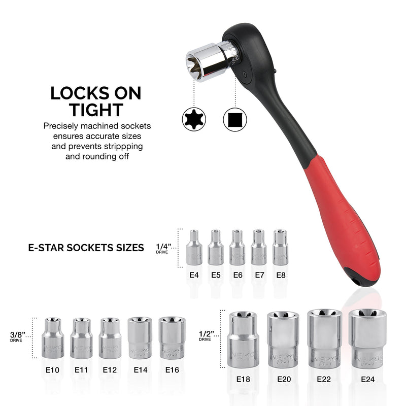 NEIKO 04300A E-Torx Socket Set | 14 Piece | External E4 to E24 | 1/4”, 3/8” and 1/2” Drive | Female Star External Torx | Cr-V Steel - NewNest Australia