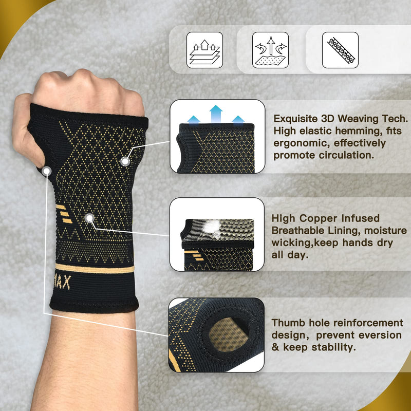 INDEEMAX Wrist Support Sleeve 1 Pair, High Copper Infused Compression Wrist Brace with Thumb Loop, Left/Right Palm Hand for Carpal Tunnel, Arthritis, Tendonitis, Pain Relief, Sport Black, S - NewNest Australia