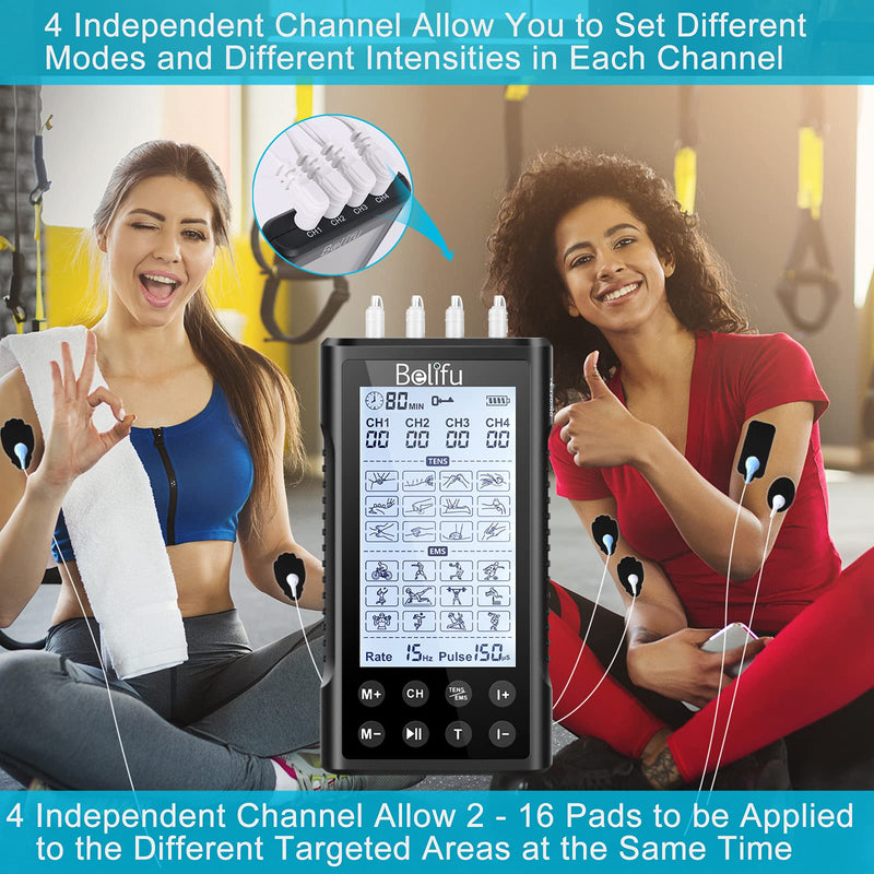 Belifu 4 Independent Channel TENS EMS Unit, 24 Modes,30 Level Intensity Muscle Stimulator Machine, Rechargeable Electric Pulse Massager with 10 Pads&5 Set Leads Wires, for Pain Relief Therapy Black - NewNest Australia