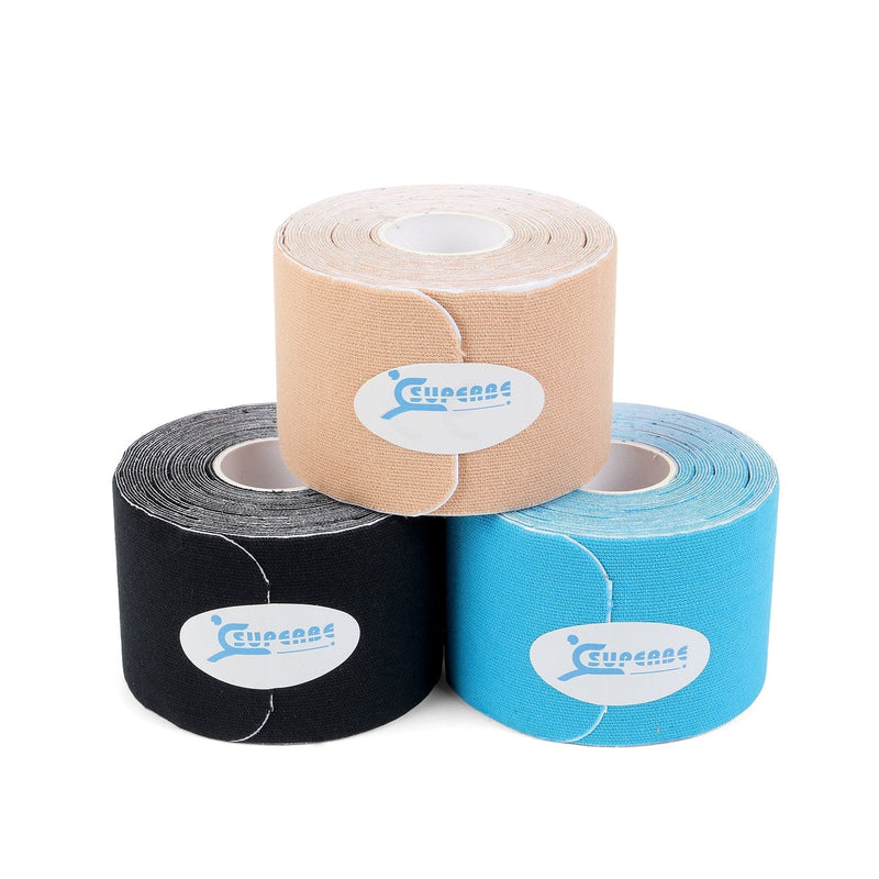 Kinesiology Tape Precut - K Taping Strips - Cintas Kinesiologicas for Pain Relief, Muscle Support & Injury Recovery, Waterproof, Breathable, Latex Free, 2 Inch x 16.5 feet (3 Rolls Pack) Beige,black,blue - NewNest Australia