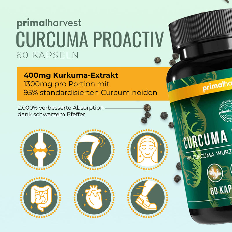 Primal Harvest Curcuma Proactiv - 60 Curcuma Capsules - Curcuma Extract - Organic Curcuma Powder With Bioperine - Turmeric Capsules - 95% Curcumioids - Laboratory Tested Regular - NewNest Australia