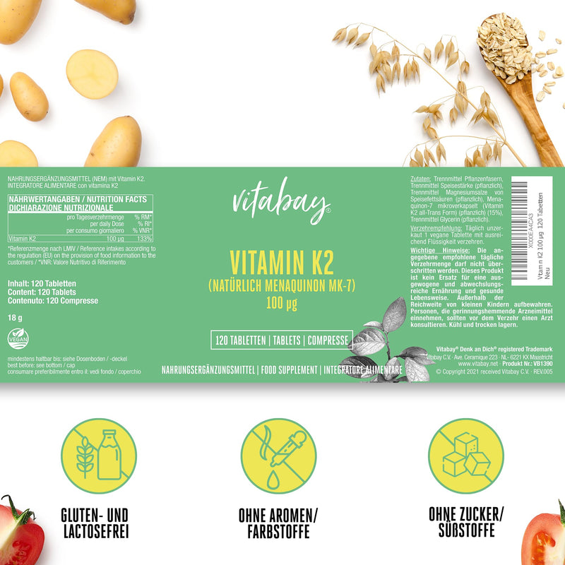 Vitabay Vitamin K2 100 µg high dose (mcg) - VEGAN 120 Vitamin K2 tablets MK7 MK-7 made from natural ingredients and laboratory tested - Vit K2 Vitamin K 2 (Menaquinone-7) All-Trans Form K2 Vitamin Vitamin-k2 120 pieces (pack of 1) - NewNest Australia