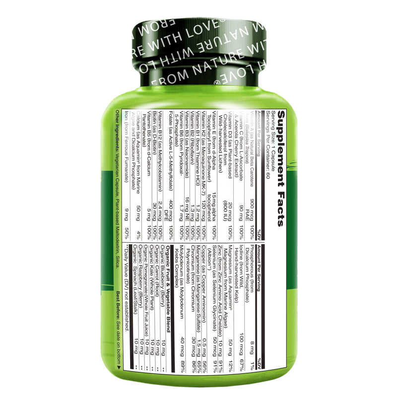 NATURELO One Daily Multivitamin for Women - Energy Support - Whole Food Supplement to Nourish Hair, Skin, Nails - Non-GMO - No Soy - Gluten Free - 60 Capsules | 2 Month Supply 60 Count (Pack of 1) - NewNest Australia
