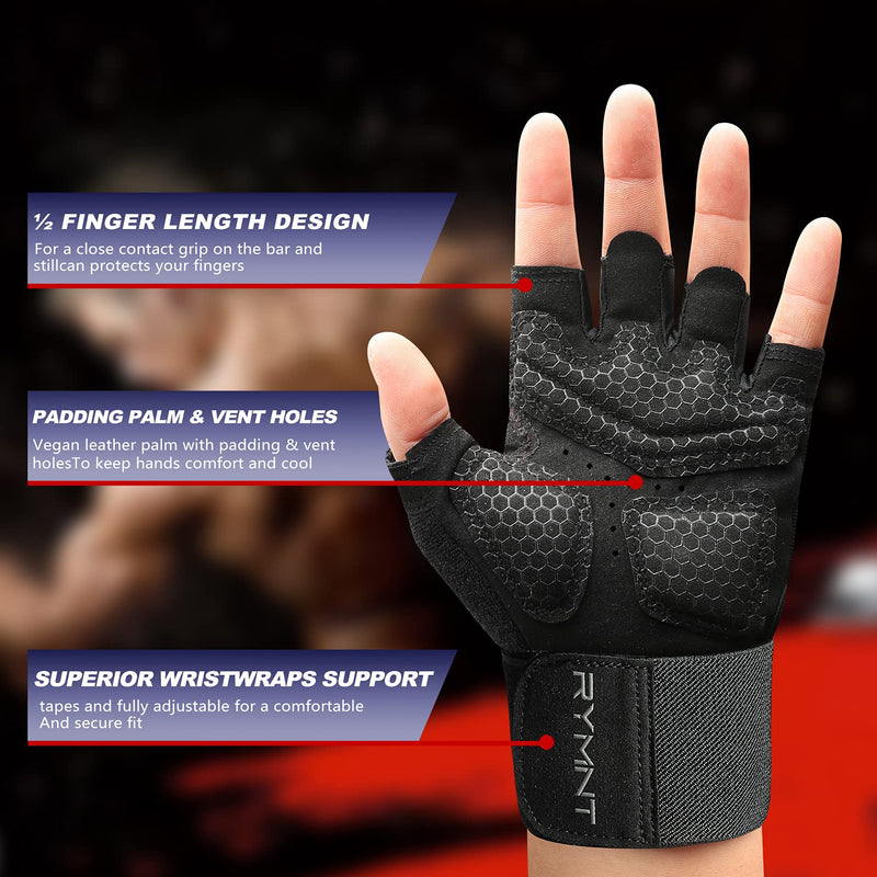 RYMNT Workout Gloves with Wrist Wrap Support, Weight Lifting Gloves with Full Palm Protection & Extra Grip for Men Women Gym Exercise, Cross Training, Weightlifting, Pull ups Black Medium - NewNest Australia