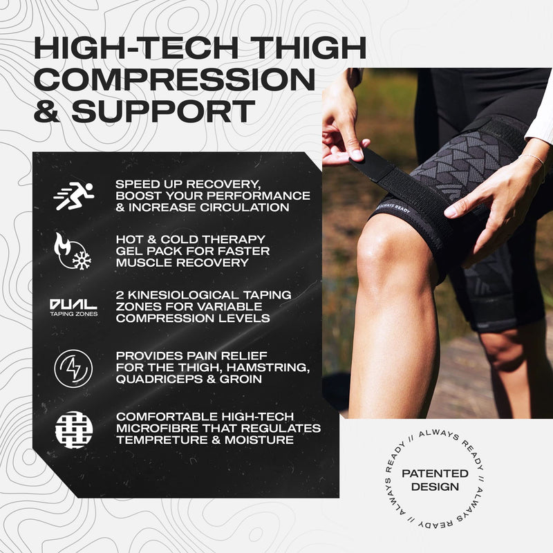 Always Ready, Thigh Compression Support Sleeve (2 Per Pack) with Hot & Cold Gel Pack for Hamstring & Quadricep Muscle Strains & Injury, Men & Women, Two Adjustable Compression Straps, Non-Slip (M) M - NewNest Australia