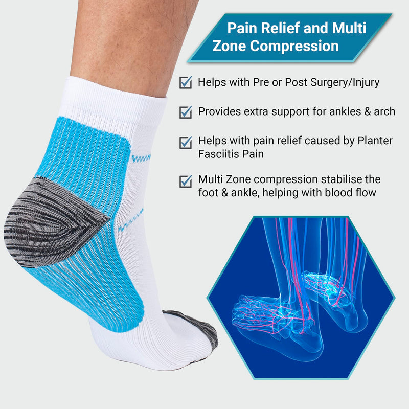 360 RELIEF - Compression Ankle Socks for Sprained Ankle Supports | Arch Pain, Plantar Fasciitis, Foot Swelling, Travel, Flight, Heel Spurs, Pregnancy | S/M, White/Blue with Mesh Laundry Bag | - NewNest Australia