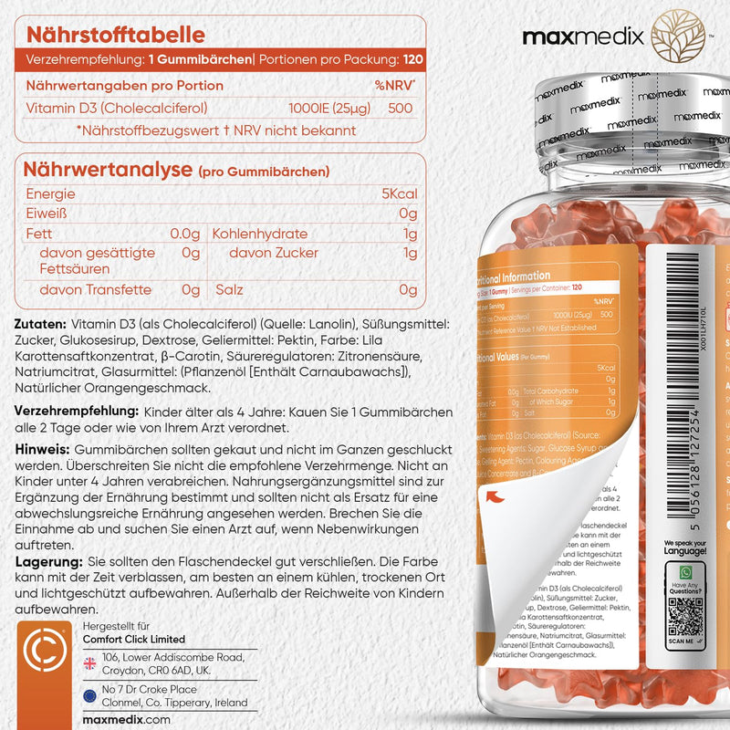 Vitamin D3 children's gummy bears 1000 IU - alternative to tablets & drops - 8 month supply - bones, teeth & immune system (EFSA) - 120 star-shaped pieces - 1 gummy every 2 days - orange flavor - NewNest Australia