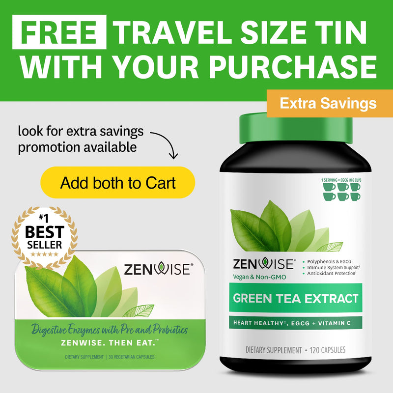 Zenwise Green Tea Extract with EGCG & Vitamin C - Antioxidant & Immune Supplement - Vegan Skin & Heart Support + Brain Health & Memory Boost - 120 Count - NewNest Australia