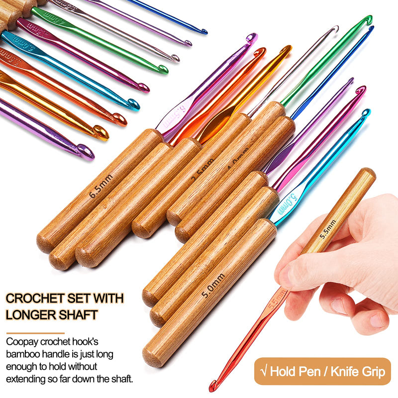 Coopay Bamboo Crochet Hooks Comfort Grip, 6.7" Crochet Kit Longer Aluminum Shaft Crochet Needles for Crocheting, Ergonomic Knitting Hooks Set for Crochet Yarn Craft, Premium Knitting Crochet Supplies - NewNest Australia