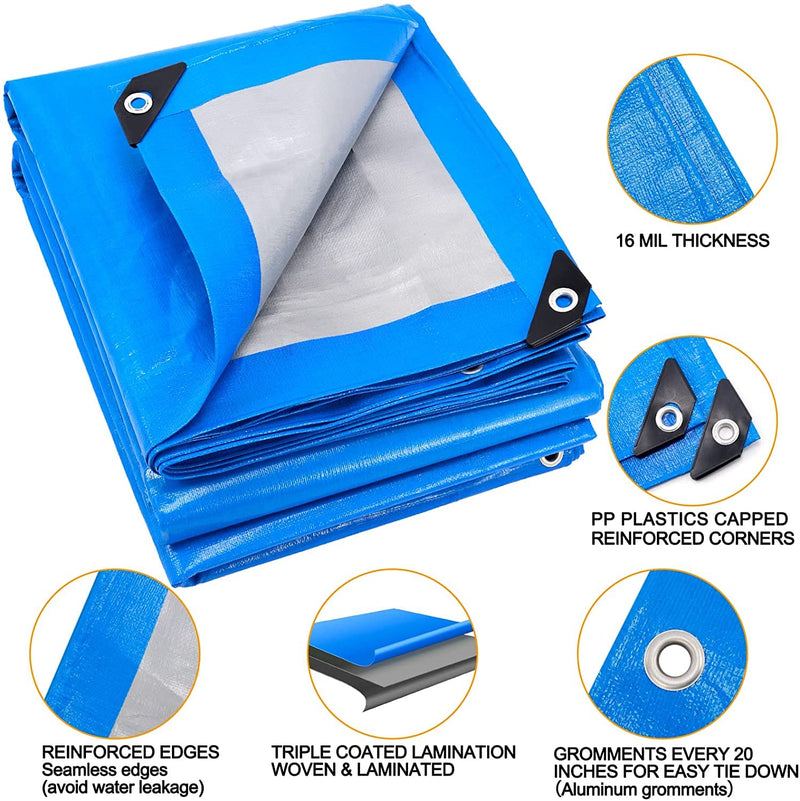 Blue Tarp, Tarps Heavy Duty Waterproof 4x6, Waterproof Plastic Poly 16 Mil Thick Tarpaulin with Metal Grommets Every 19.5 Inches - Emergency Rain Shelter, Outdoor Cover, and Camping Use 4'x6' - NewNest Australia