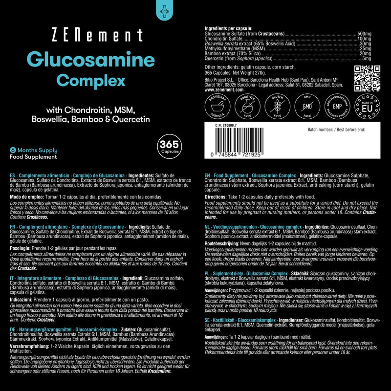 Glucosamine & Chondroitin High dosage, 365 capsules with MSM, boswellia, bamboo and quercetin - contributes to normal collagen formation - laboratory tested, without additives - Zenement - NewNest Australia