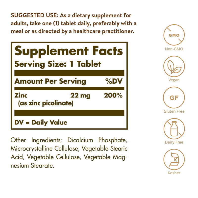 Solgar Zinc Picolinate 22 mg, 100 Tablets - Promotes Healthy Skin - Supports Immune System, Normal Taste & Vision - Antioxidant - Non GMO, Vegan, Gluten Free, Dairy Free, Kosher - 100 Servings - NewNest Australia
