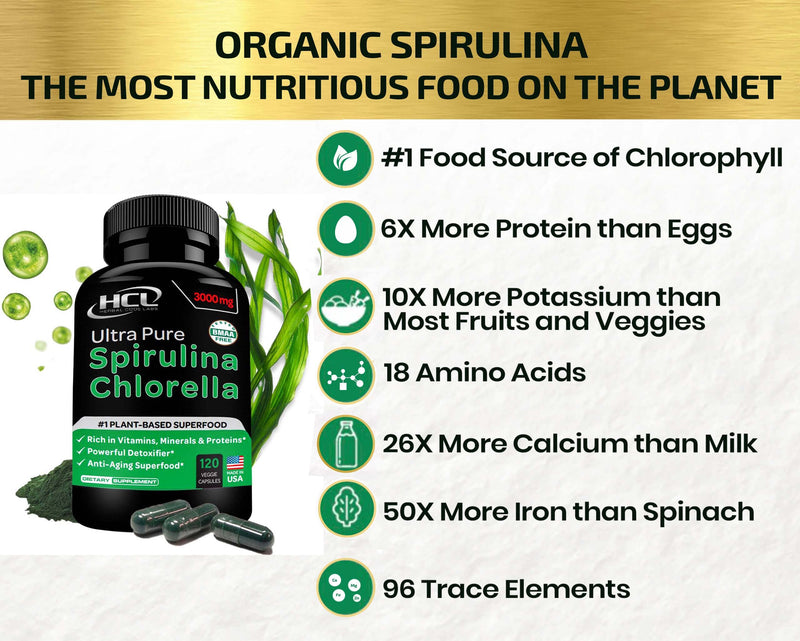 Chlorella Spirulina Powder Capsules Organic - 3000 mg of BMAA Free Purest Blue Green Algae - Best Raw Vegan Protein Green Superfood Broken Cell Wall – Made in USA - NewNest Australia