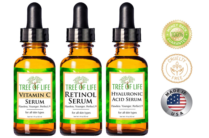 Tree of Life Anti-Aging Complete Regimen 3-Pack, Vitamin C Serum, Retinol Serum and Hyaluronic Acid Serum, Renew, Revitalize and Brighten, 3 Count x 1 Fl Oz - NewNest Australia