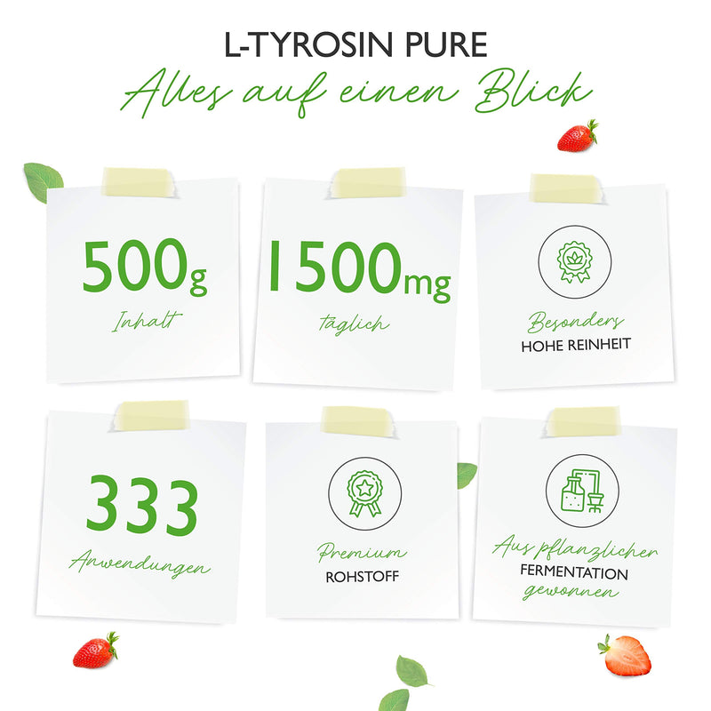 L-Tyrosine - 500 g pure powder - no additives - 333 servings - Pure amino acid from plant fermentation - Laboratory tested - Vegan - NewNest Australia