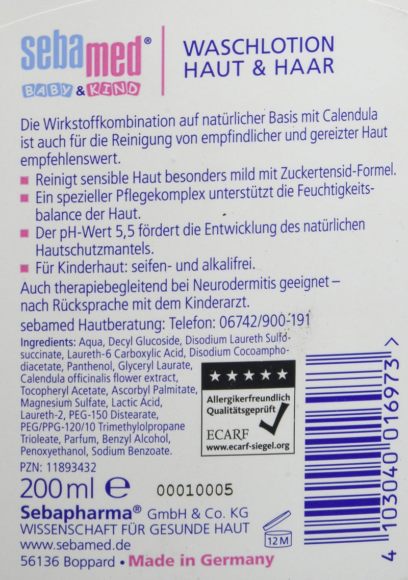 Sebamed Baby & Child Washing Lotion Skin & Hair with Calendula 200 ml, cleanses sensitive children's skin particularly gently, even for skin prone to irritation - NewNest Australia