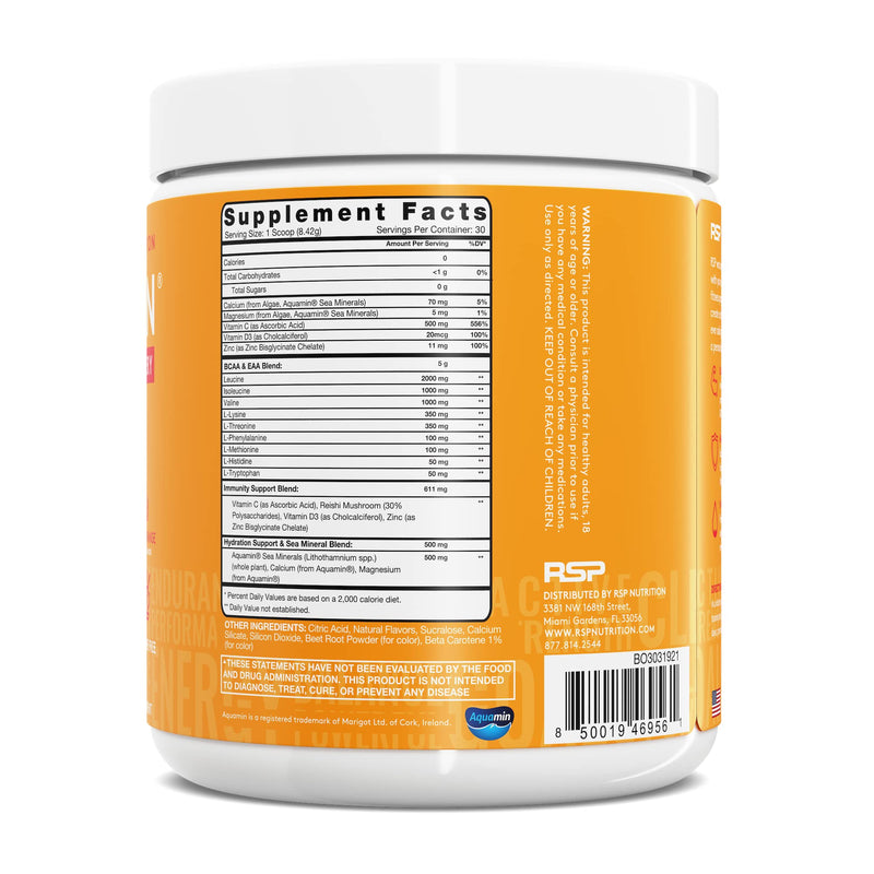 RSP AminoLean Recovery - Post Workout BCAAs Amino Acids Supplement + Electrolytes, BCAAs and EAAs for Hydration Boost, Immunity Support - Muscle Recovery Drink, Vegan Friendly, Blood Orange 30 Servings (Pack of 1) - NewNest Australia