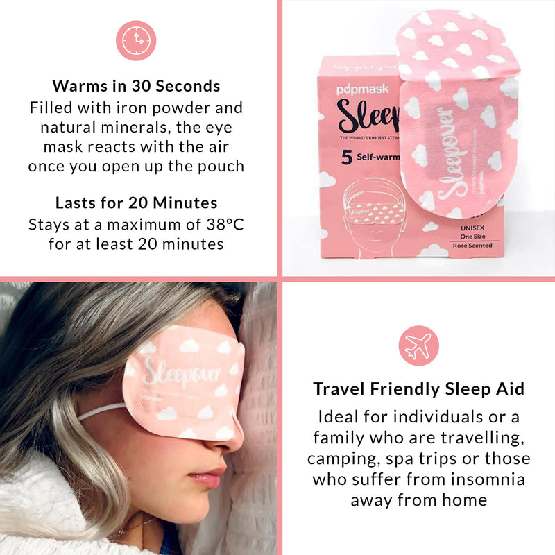 POPBAND Popmask Scented Self Heating Eye Mask for Sleeping - Warms In 30 Seconds, Natural Heat Source, Lasts For 20 Minutes - Pack of 5 ROSE Cotton Eye Masks With Ear Loops - NewNest Australia