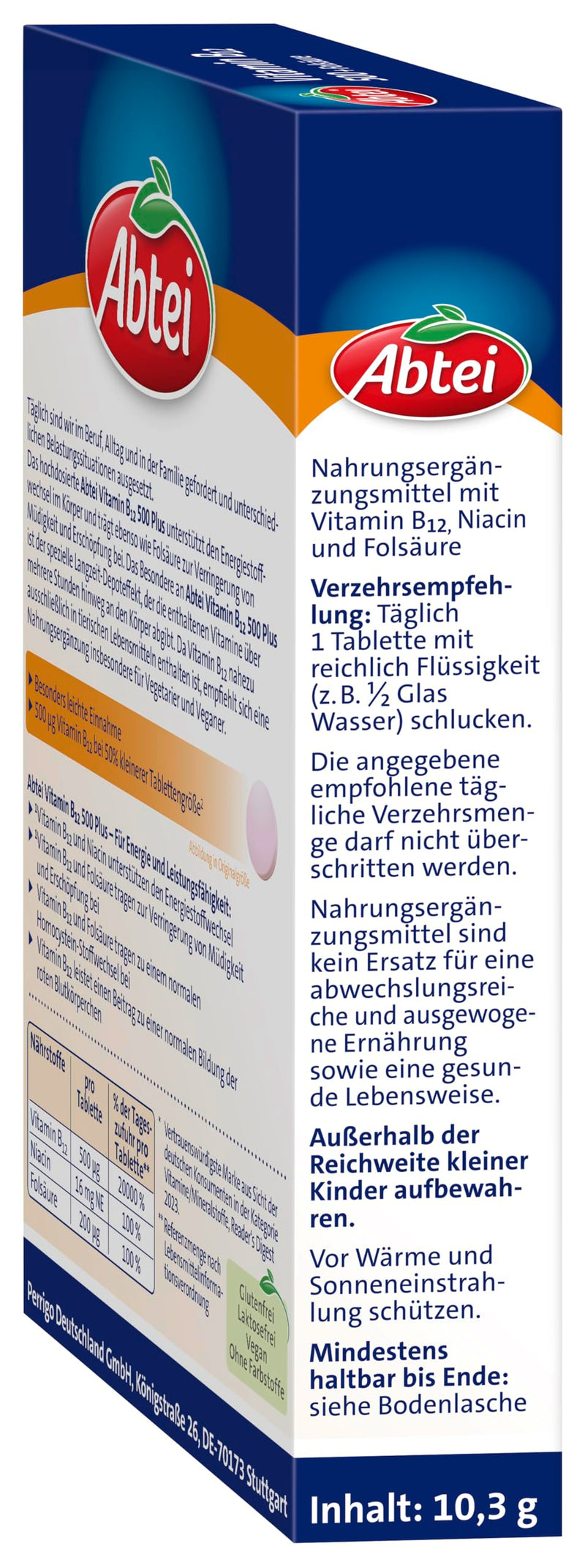 Abbey Vitamin B12 plus folic acid - for energy and performance - high dose with 500µg vitamin B12 and 200µg folic acid, 1 x 30 tablets - NewNest Australia