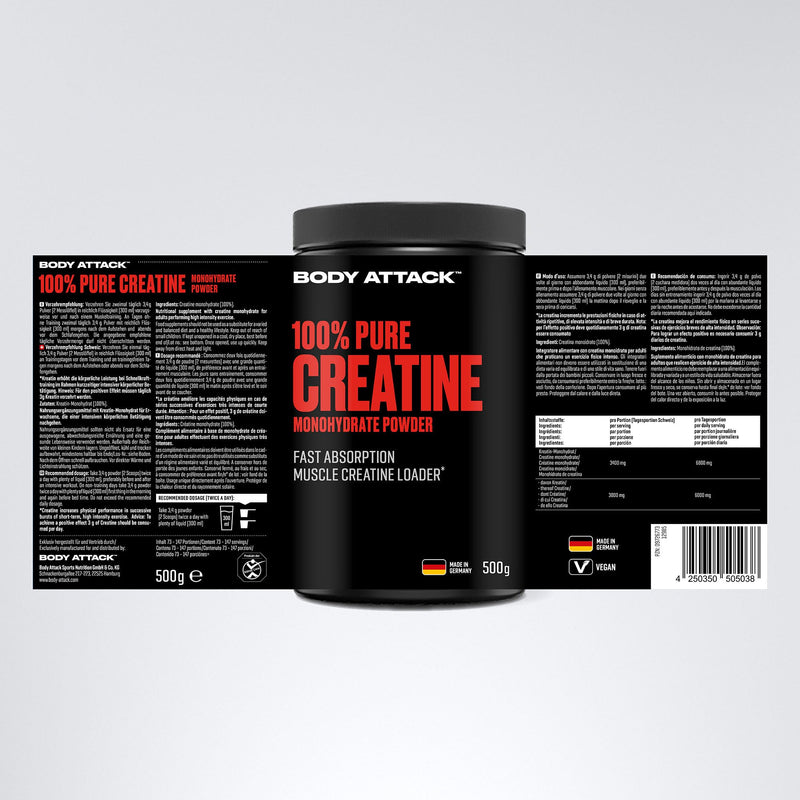Body Attack Creatine Monohydrate - 500 g powder - Made in Germany - high-quality microfine creatine monohydrate - pure creatine powder for self-dosing - product from the Cologne list - NewNest Australia