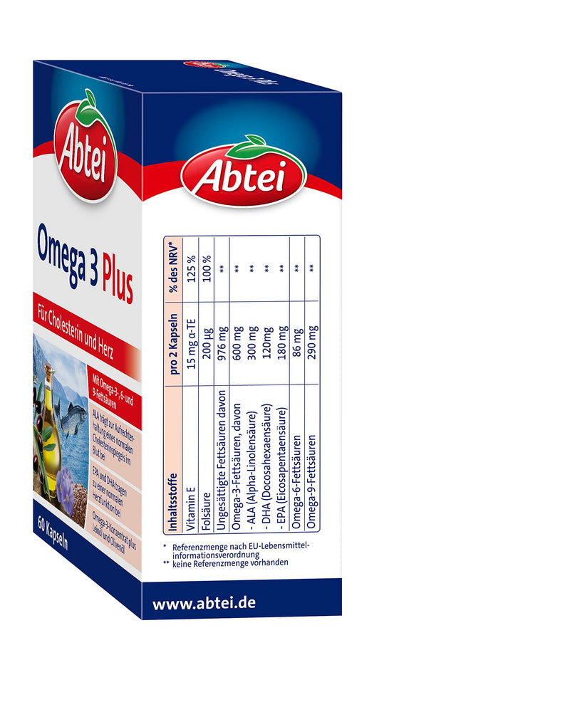 Abtei Omega 3 Plus - Dietary Supplement Rich In Omega-3 Fatty Acids For Cholesterol Levels And Heart Function - With Vitamin E And Folic Acid - 1 X 60 Capsules - NewNest Australia