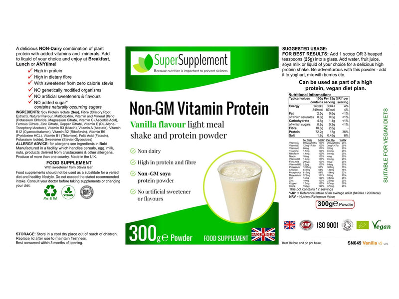 Non-GM Vitamin Protein Powders Weight Loss Shake Food Supplement (Vanilla Flavour) 300g Dairy Free Suitable for Vegetarians and Vegans Diet Meal Replacement Slimming Shakes for Weight Loss Meal - NewNest Australia