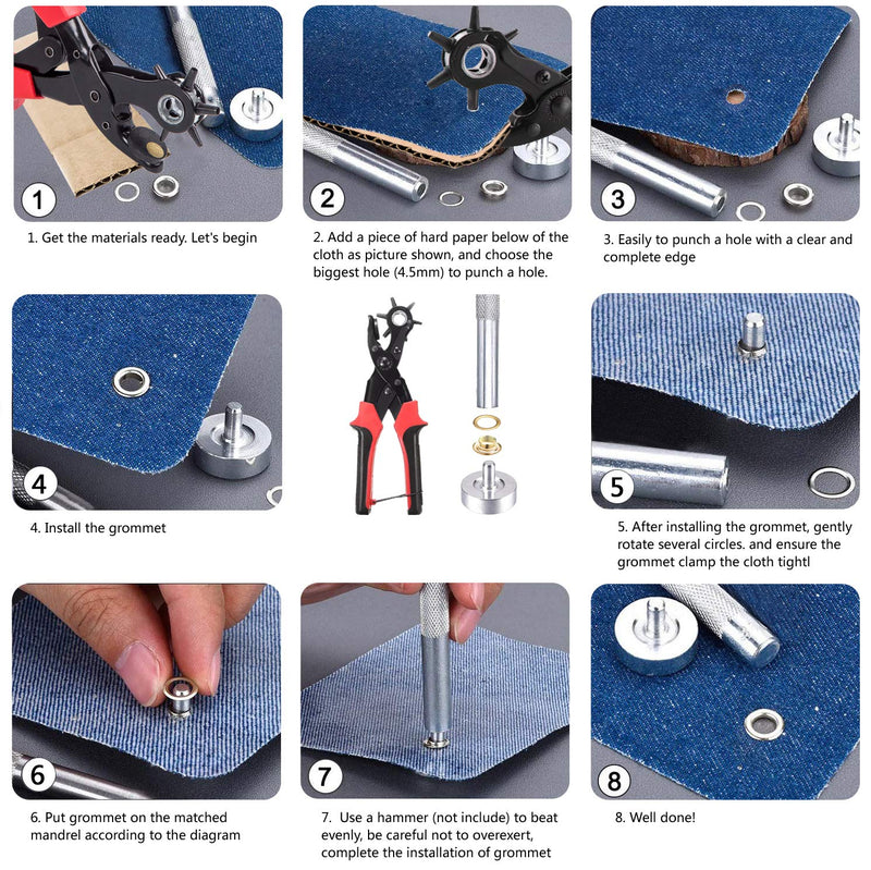 Leather Hole Punch Tool for Belt - Multi Hole Sizes Puncher for Belts, Watch Bands, Straps, Dog Collars, Saddles, Shoes, Fabric, DIY Home or Craft Projects - with 5/32" Grommet Eyelet Kit 100 Sets 02-Black/Red - NewNest Australia
