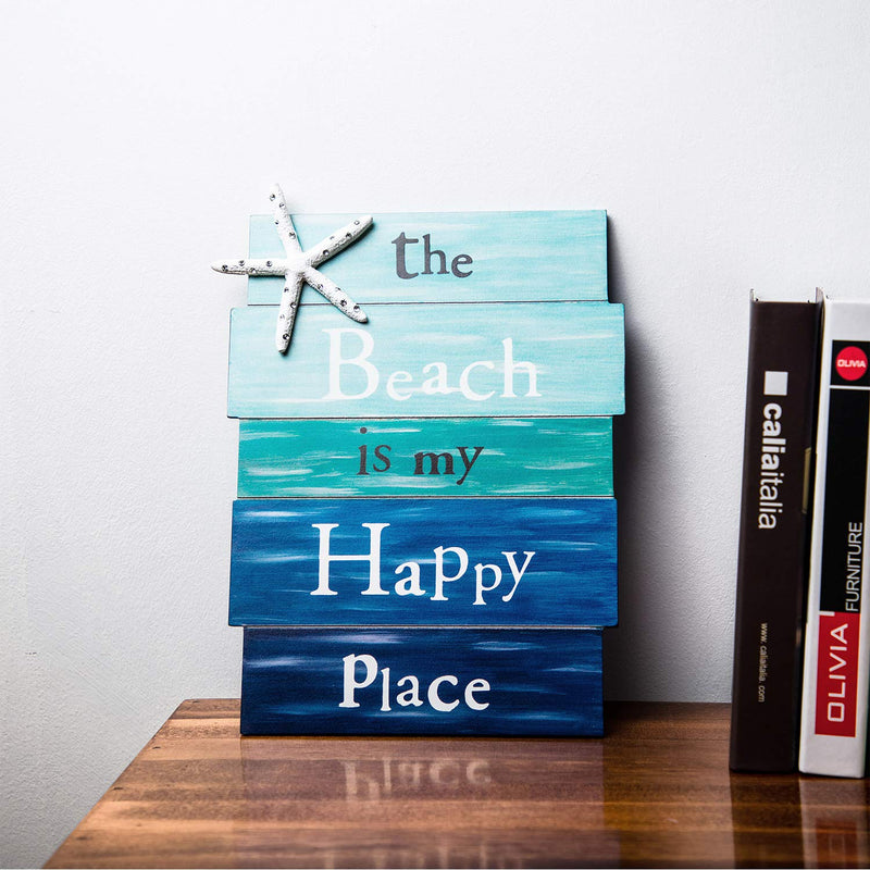 NewNest Australia - Honoson Wooden Beach Plaque Door Wall Plaque Decor with Diamond-Studded Starfish The Beach is My Happy Place Wooden Wall Decorative Sign 