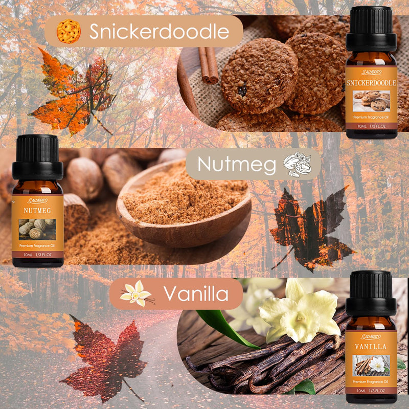 Salubrito Autumn Essential Oils Set For Diffuser, Natural Pure Aromatherapy Fragrance Oil For Diffuser 6 X 10 Ml - Cinnamon, Pumpkin Spice, Seasoned Cider, Snicker Doodle, Vanilla, Nutmeg - NewNest Australia
