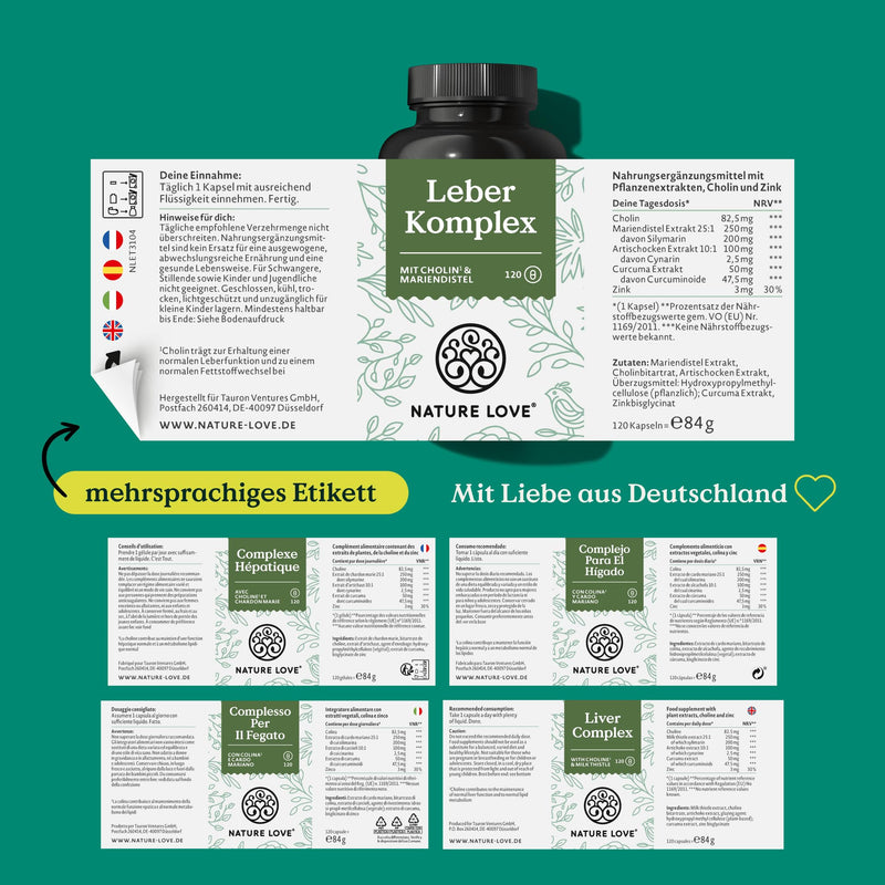Nature Love Liver Complex - 120 Capsules - With Milk Thistle, Choline, Artichoke Extract, Curcuma & Zinc - High Dose, Vegan, Laboratory Tested And Produced In Germany - NewNest Australia