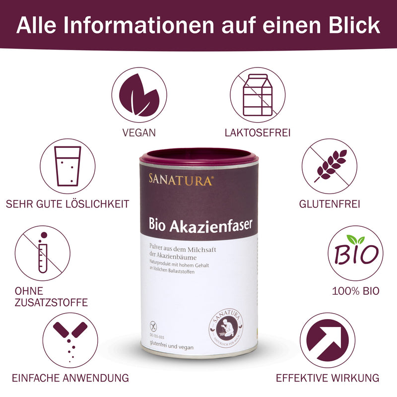 Sanatura acacia fiber powder organic - 180 g - valuable source of fiber from acacia fibers - soluble fiber - vegan, gluten-free and fructose-free - well tolerated - NewNest Australia