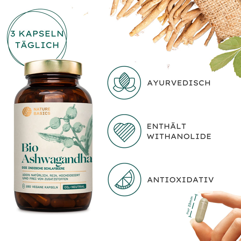 Nature Basics Organic Ashwagandha Certified & Sustainable In Glass | 180 Capsules High Dose & Pure | 750Mg Per Capsule & 3,000Mg Per Daily Dose | Ayurveda Dietary Supplement | Laboratory Tested & Co2 Neutral - NewNest Australia