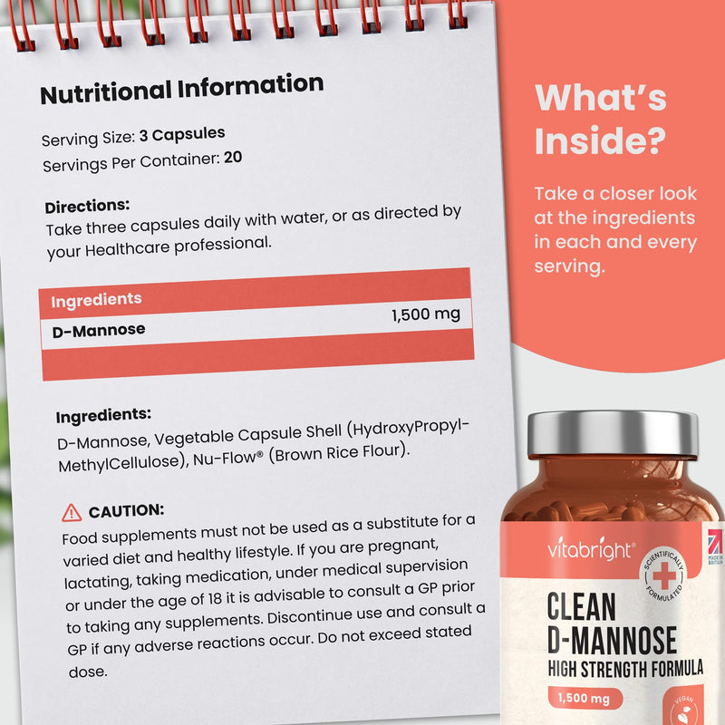 D-Mannose Capsules - 1500mg High Strength - 60 Capsules (20 Day Supply) - Contributes to Healthy Urinary Tract and Bladder - Clean Natural Ingredients - Vegan - Made in UK by VitaBright 60 Count (Pack of 1) - NewNest Australia