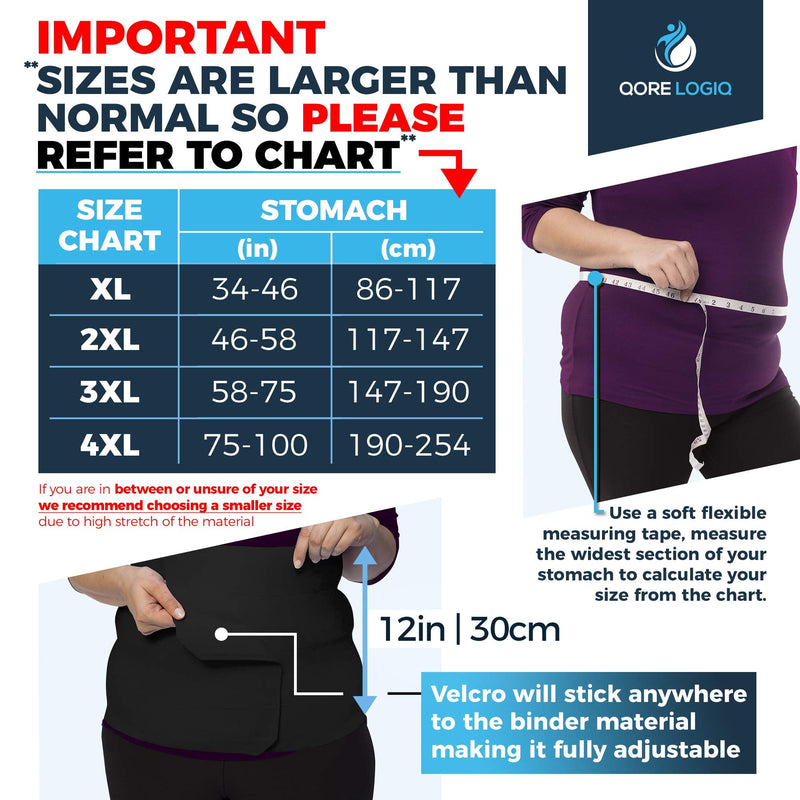QORE LOGIQ Plus Size Abdominal Binder Post Surgery for larger Men + Women - Postpartum Belly Band - Compression Garment - Hernia Belt For Men + Woman - C Section Belly Binder - Adjustable (Black XL) X-Large Black - NewNest Australia