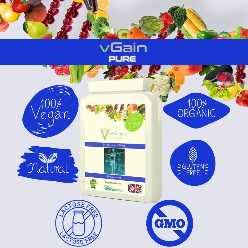 D-Mannose 500mg Capsules by vGain PURE - Certified Vegan by the Vegan Society – Powerful Supplement Support For Urinary Tract Cleanse - Bladder Health & Cystitis - UTI Natural Relief - For Men & Women - NewNest Australia