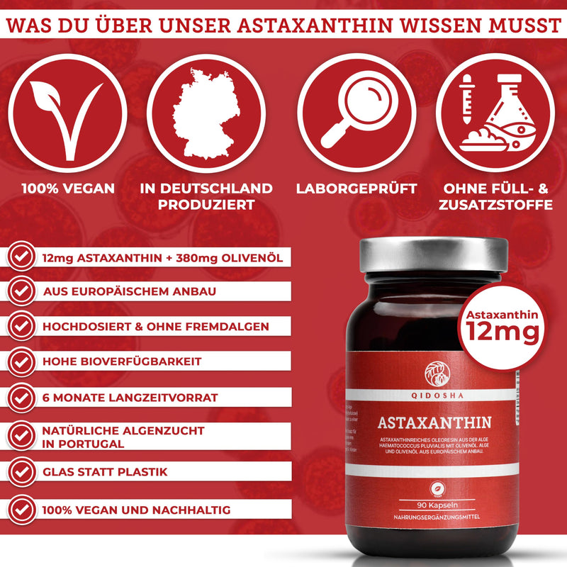 QIDOSHA® Astaxanthin 12mg from EU raw materials, 12mg astaxanthin per capsule plus olive oil, 90 capsules in a glass, vegan astaxanthin, high-dose liquid astaxanthin from Portuguese algae farming - NewNest Australia