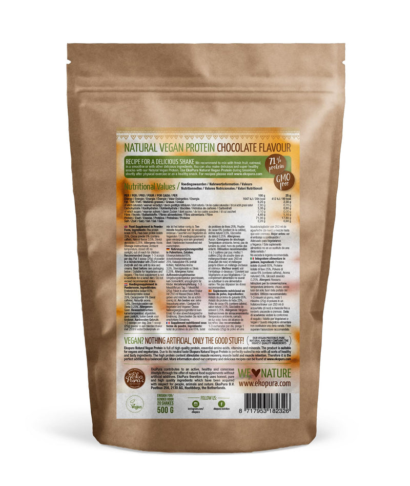 Ekopura Natural Vegan Protein - Chocolate - 500 G | 71% Protein | 100% Plant Ingredients, Hormone-Free, Gmo Free, Soy Free, Free From Additives | For Muscle Growth, Recovery And Muscle Maintenance - NewNest Australia