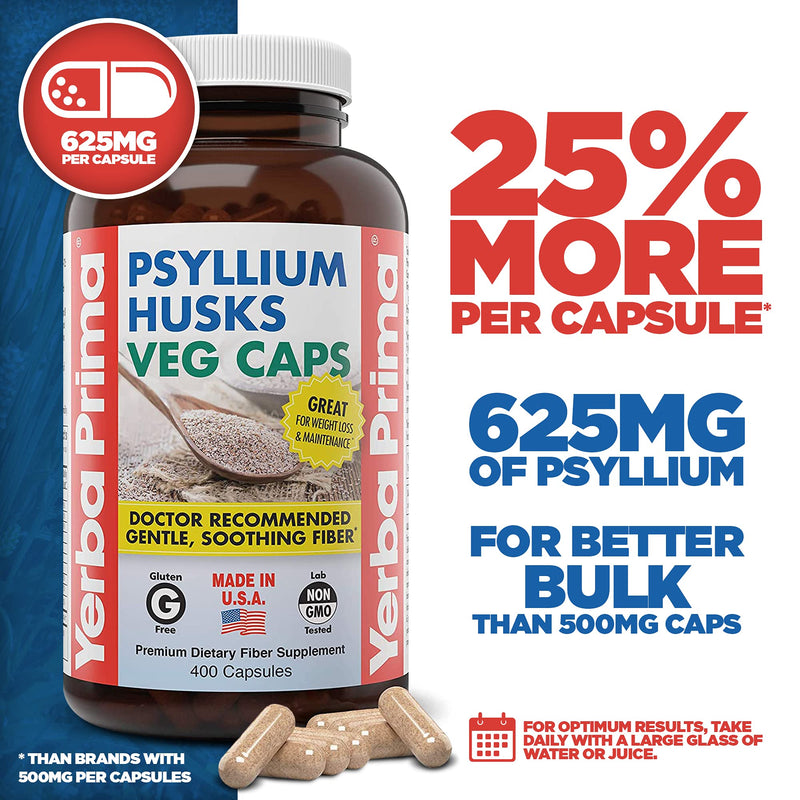 Yerba Prima Psyllium Husks Veg Caps, 400 Capsules (625mg) - Vegan, Non-GMO, Gluten Free, Colon Cleanser, Daily Fiber Supplement for Gut Health & Regularity - NewNest Australia