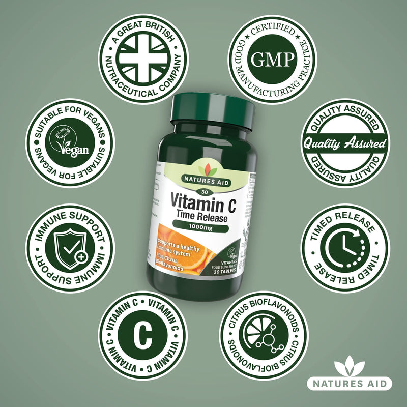 Natures Aid Vitamin C, Time Release 30 Tablets, 1000 mg (with Citrus Bioflavonoids, Slow Release, for the Normal Function of the Immune System, Vegan Society Approved, Made in the UK) - NewNest Australia