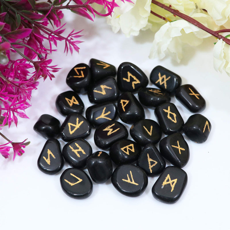Crocon Black tourmaline tumble shape gemstone runes stones with Elder Futhark Alphabet Engraved 25 pcs runes set Crystal Divination Healing Chakra Reiki with a pouch Size : 15-20 mm - NewNest Australia