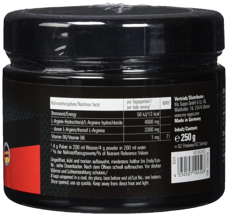 Mysupps- 100% L-Arginine Hcl, High-Dose 4000Mg Arginine Hcl, Plant-Based And Micronized Arginine, Vegan Pre-Workout Booster, For Athletes And Athletes, Made In Germany- 250G Powder - NewNest Australia