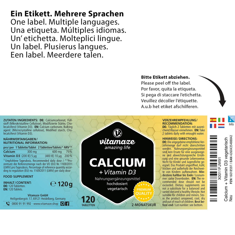 Calcium + Vitamin D3 High Dose, 600 Mg Calcium Carbonate + 400 Iu Cholecalciferol Per Daily Dose, 120 Vegetarian Tablets For 2 Months, Dietary Supplement Without Additives, Made In Germany - NewNest Australia