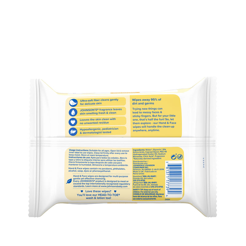 Johnson's Baby Disposable Hand & Face Cleansing Wipes to Gently Remove 99% of Germs & Dirt from Delicate Skin, Pre-Moistened & Allergy-Tested, Paraben-, Phthalate- & Alcohol-Free, 25 ct - NewNest Australia