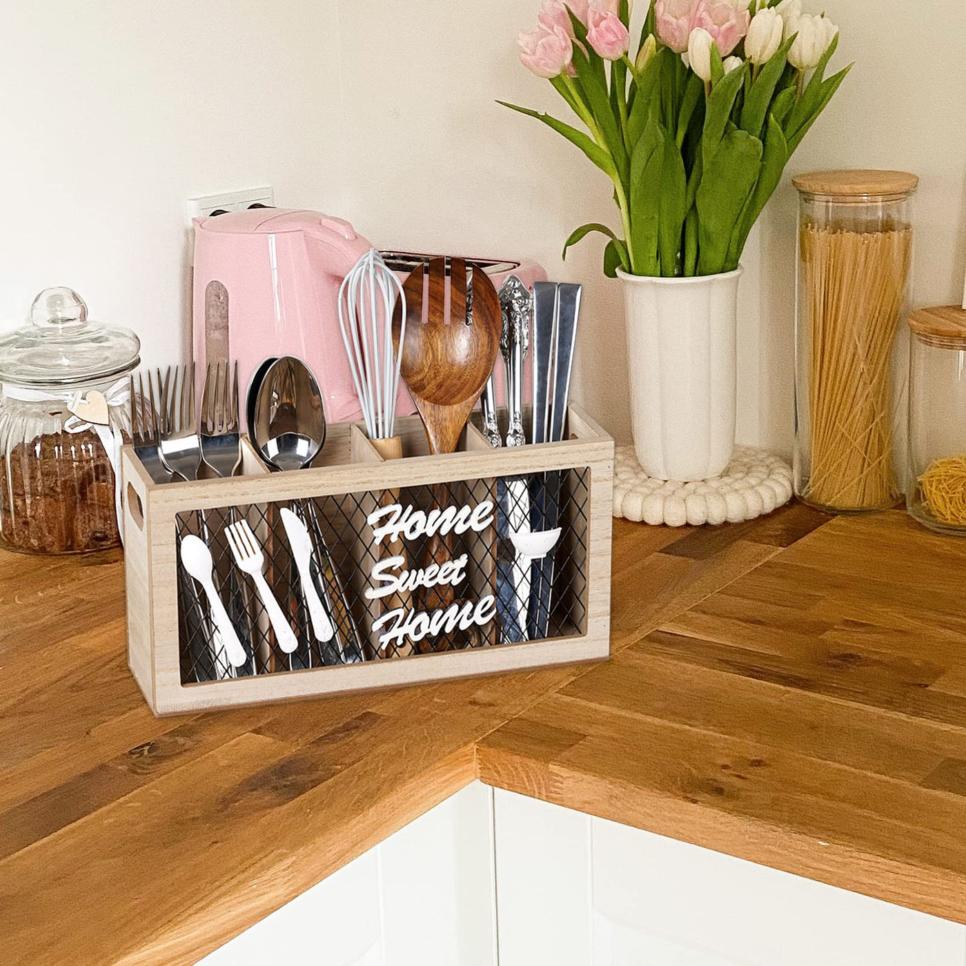 Kitchen Utensil Holder with 3 Compartments, Rustic Wooden Utensils Storage  Organizer Box Vintage Cutlery Holder, Farmhouse Flatware Utensil Caddy