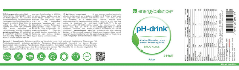 Energybalance Ph Drink Bifido Active Lemon Base Drink Powder Trace Elements, Minerals, Lemon Flavor - Acid-Base Balancing - Vegan, Natural, No Additives - 384 G - NewNest Australia