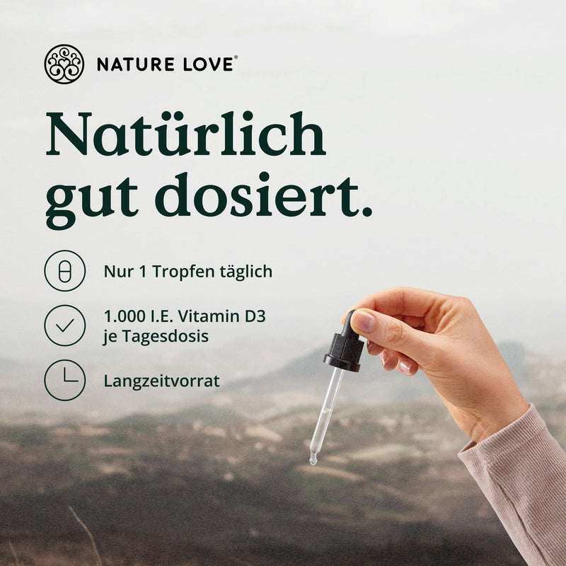 NATURE LOVE® Vitamin D3 1000 (50ml liquid) - laboratory tested 1000 IU per drop - in MCT oil from coconut - high dose of vitamin D - highly bioavailable, very high stability and without unnecessary additives - NewNest Australia