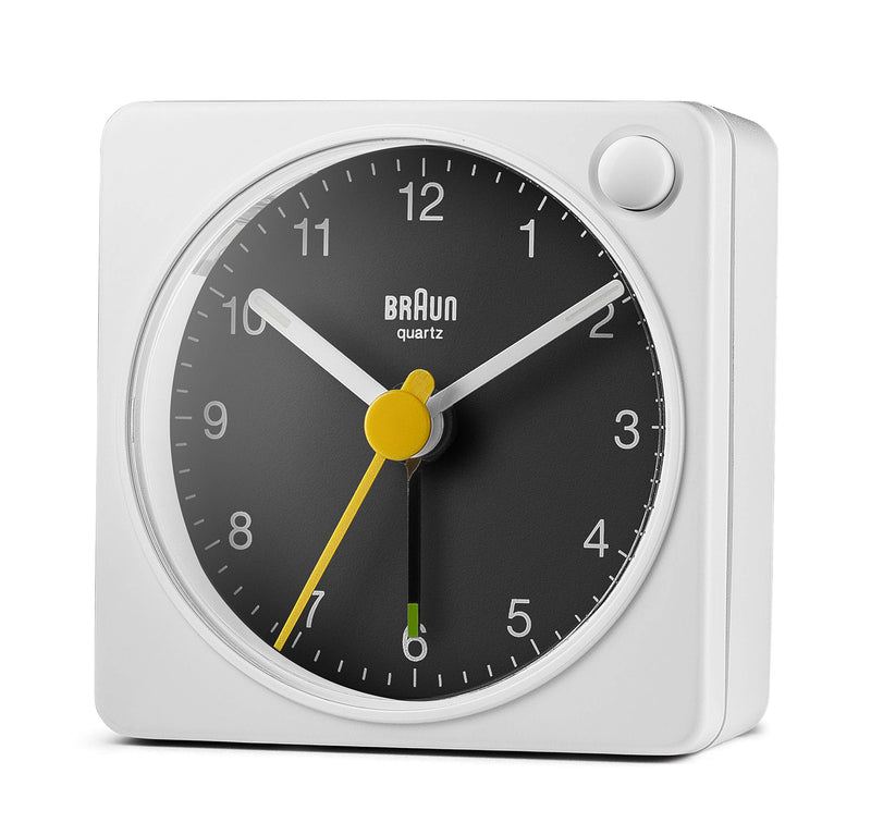 NewNest Australia - Braun Classic Travel Analogue Alarm Clock with Snooze and Light, Compact Size, Quiet Quartz Movement, Crescendo Beep Alarm in White and Black, Model BC02XWB. 