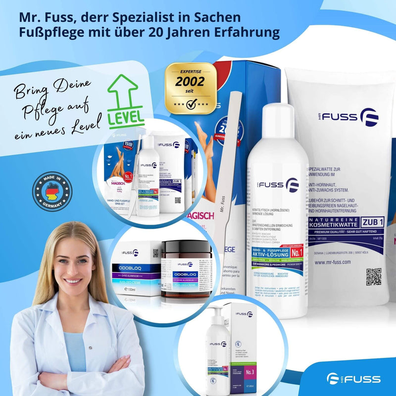 Mr. Fuss® No. 1 - Plus Pack Steel - Small, cuticle callus remover economy package 3 pieces. Active solution, quick & strong emollient - 200 ml, cotton wool, stainless steel scraper - NewNest Australia