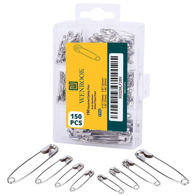 Wenrook Safety Pins Assorted 4-Size Pack of 150 - Strong Nickel Plated Steel, Rust Resistant, Heavy Duty Variety Pack, Perfect for Clothes, Crafts, Sewing, Pinning and More Pack of 150 - (37mm/27mm/22mm/19mm) - NewNest Australia